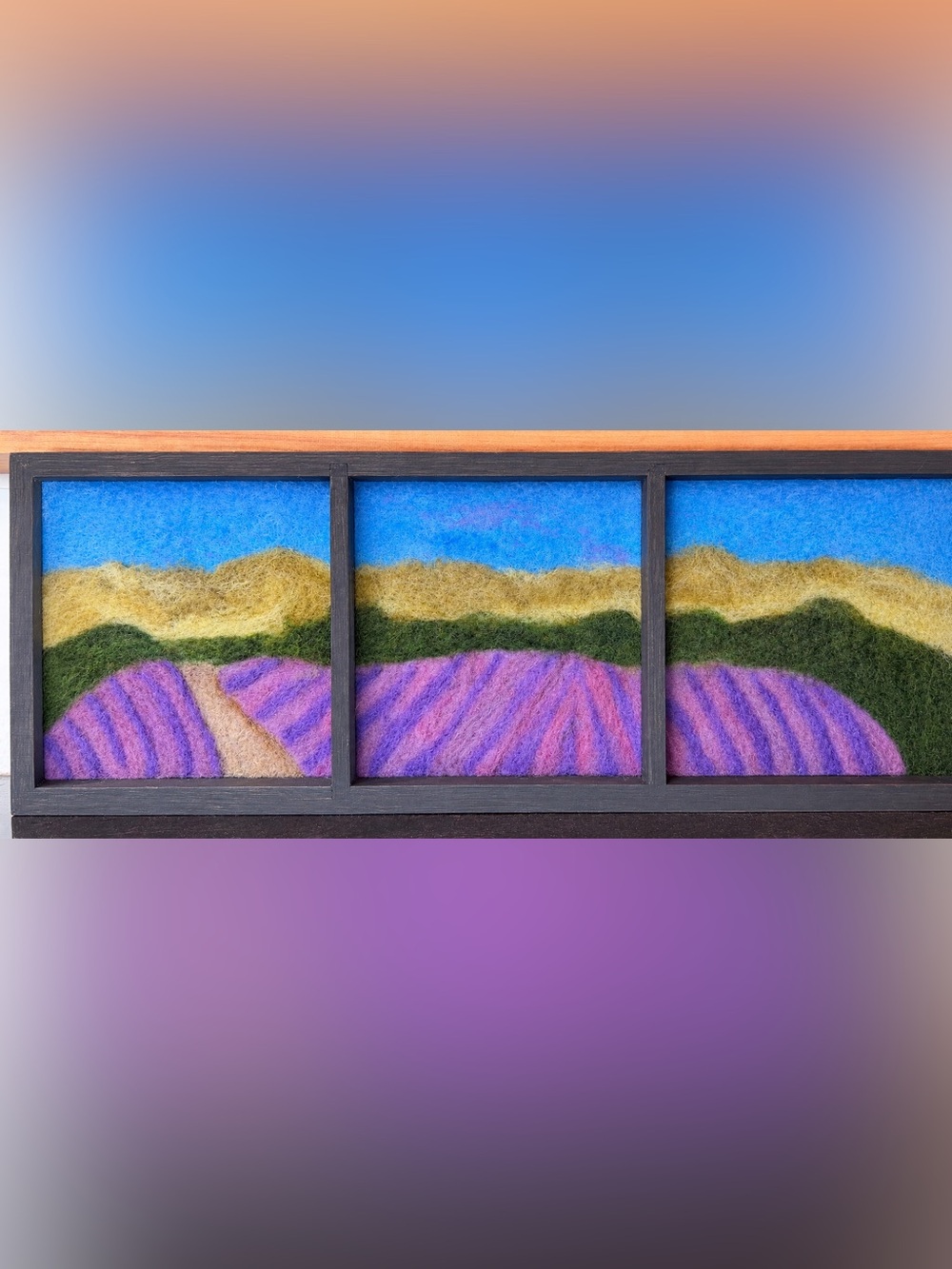Handcrafted Lavender Field Needle-Felt Triptych Wall Art - Purple & Blue